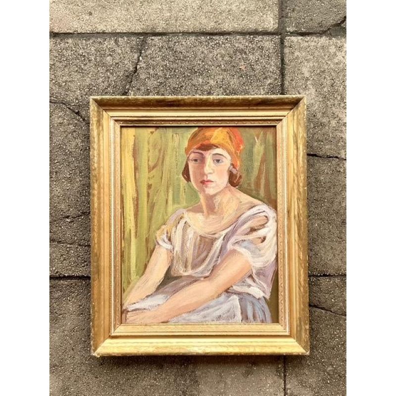 Mid 20th Century Vintage Boho Original Oil Portrait on Board - Back view