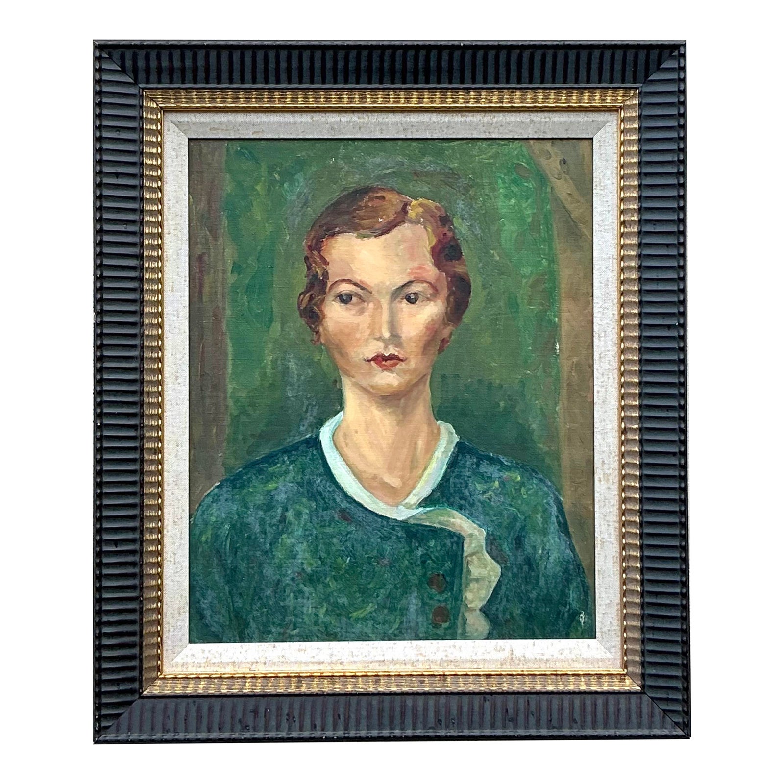Mid 20th Century Vintage Boho Original Oil Portrait on Board, Framed