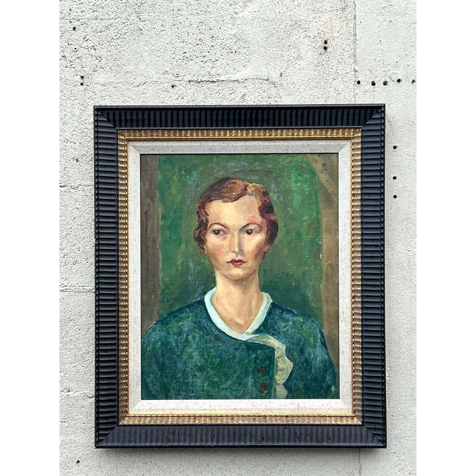 Mid 20th Century Vintage Boho Original Oil Portrait on Board, Framed - Detail view