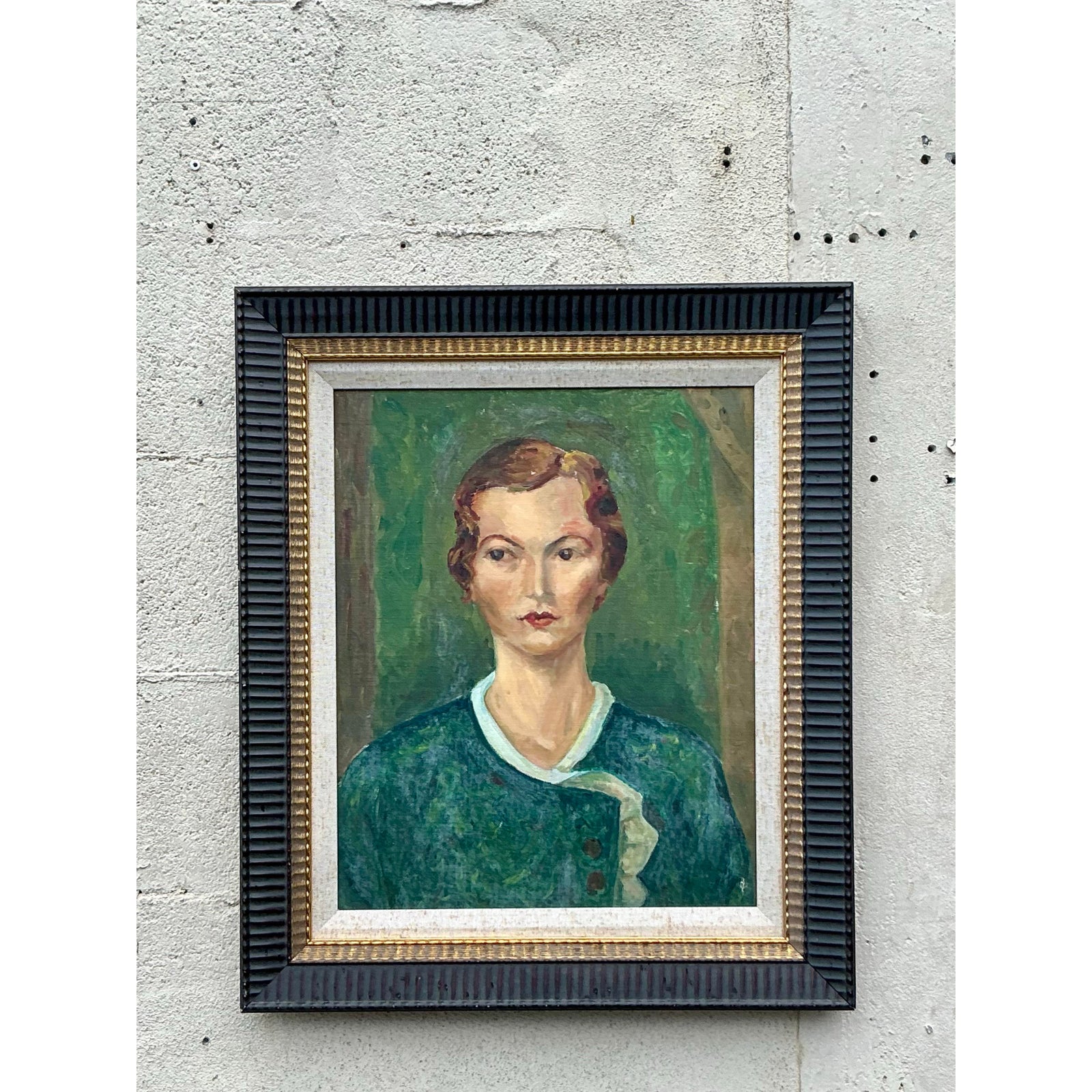 Mid 20th Century Vintage Boho Original Oil Portrait on Board, Framed - Side view