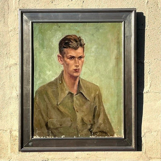 Mid 20th Century Vintage Boho Original Oil Portrait on Canvas - Side view