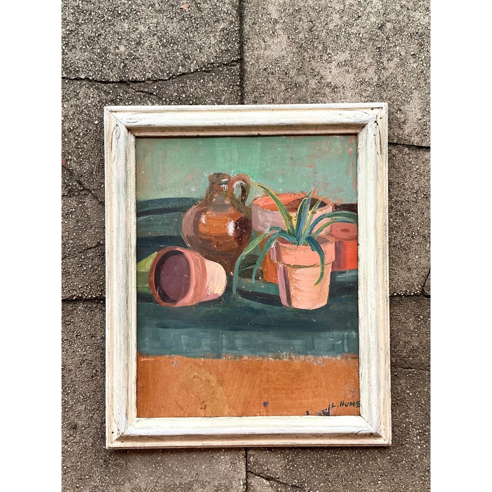 Mid 20th Century Vintage Boho Original Still Life Oil on Board - Side view