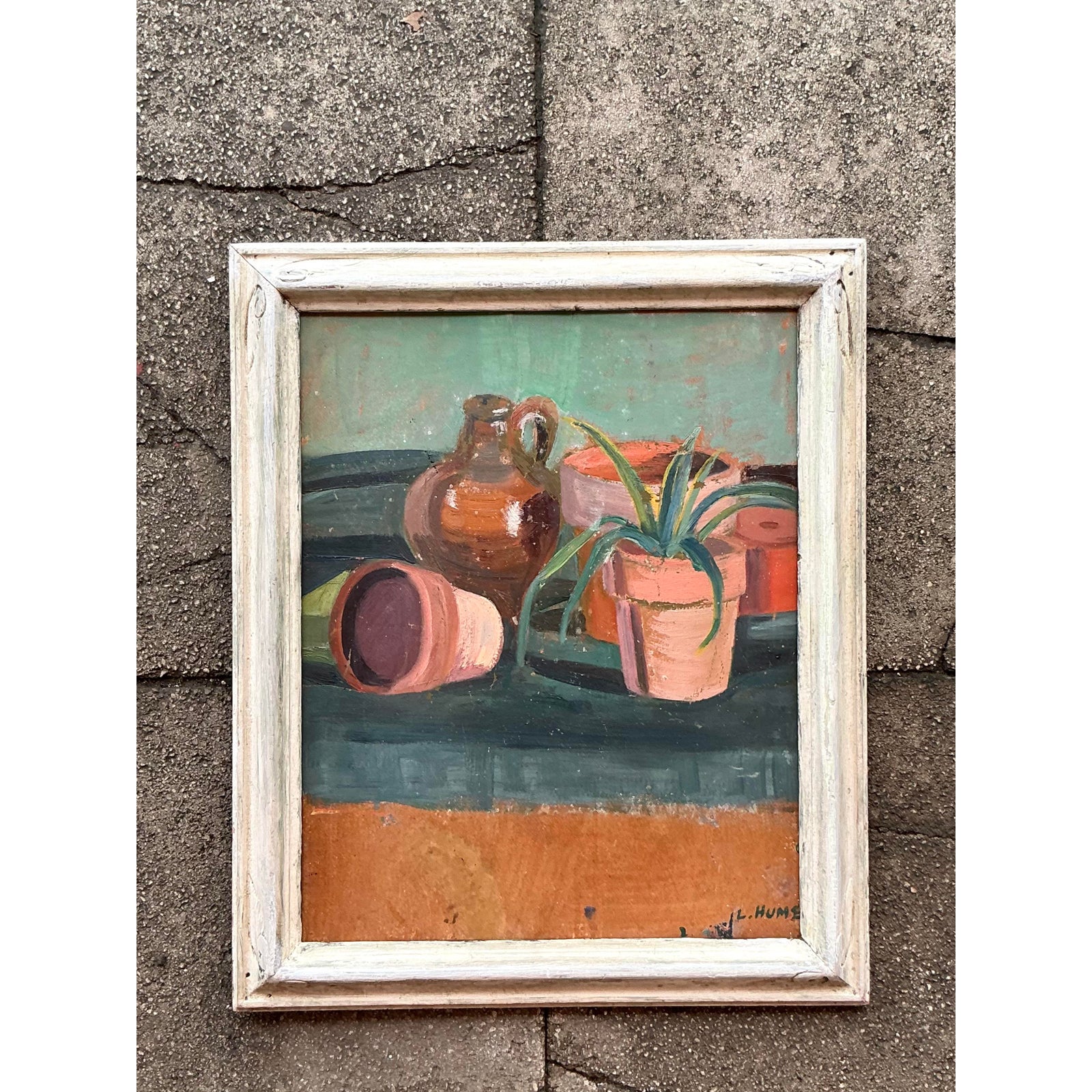 Mid 20th Century Vintage Boho Original Still Life Oil on Board - Detail view