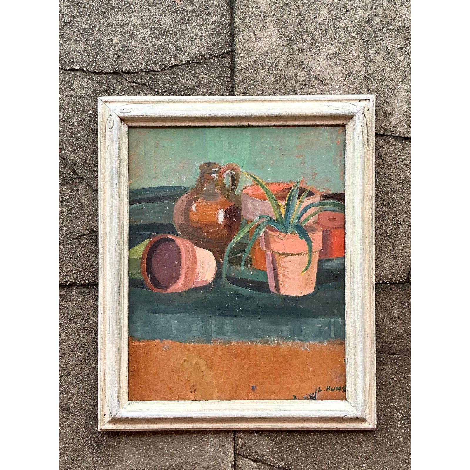 Mid 20th Century Vintage Boho Original Still Life Oil on Board - Back view