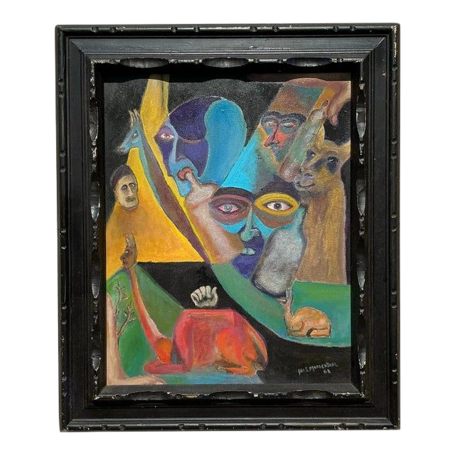 Mid 20th Century Vintage Boho Original Surrealist Figural Oil on Canvas