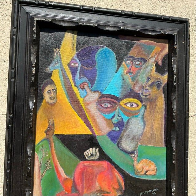 Mid 20th Century Vintage Boho Original Surrealist Figural Oil on Canvas - Detail view