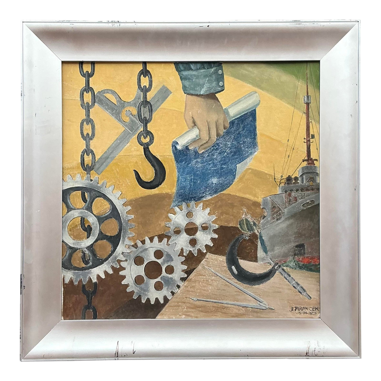 Mid 20th Century Vintage Boho Wpa Original Oil on Board