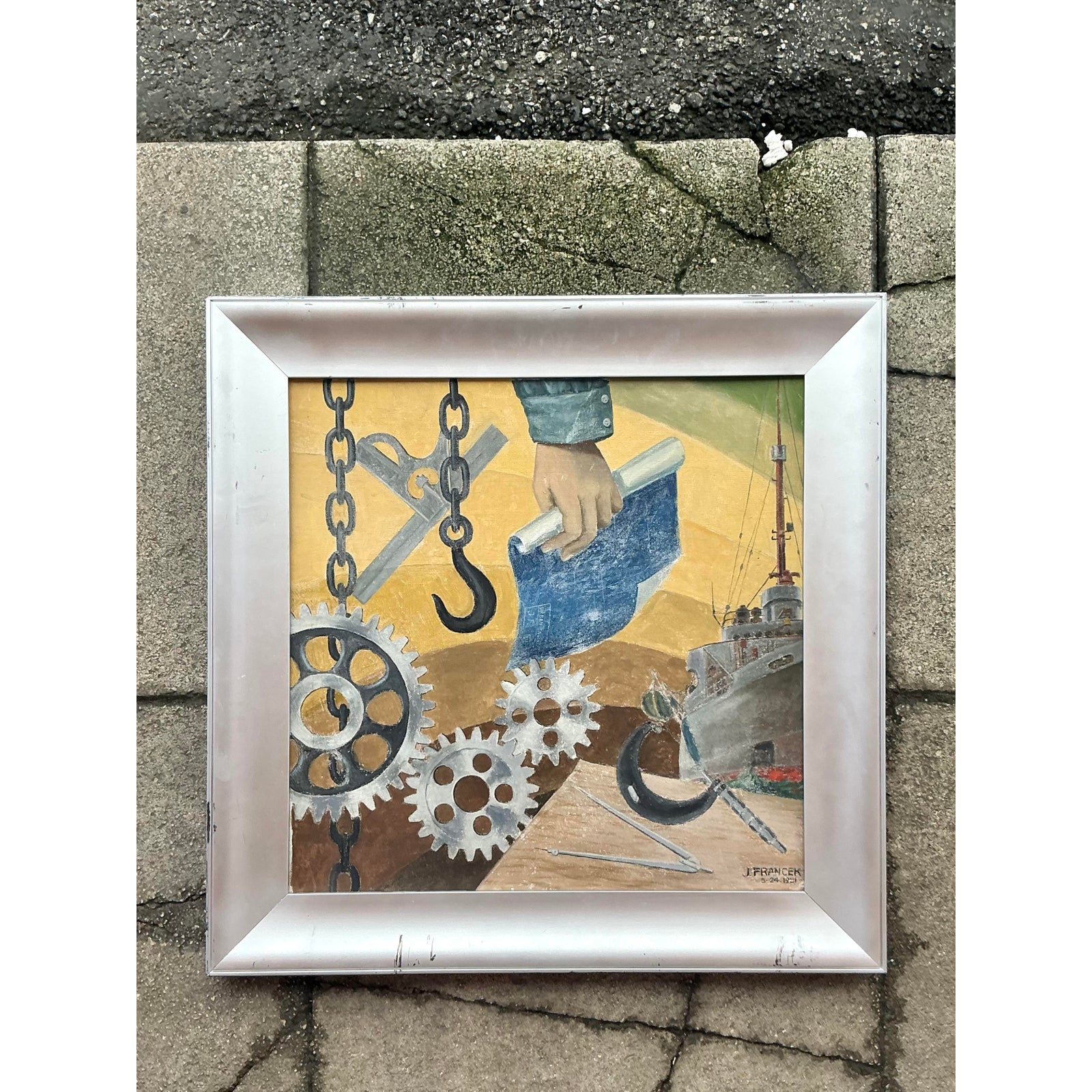 Mid 20th Century Vintage Boho Wpa Original Oil on Board - Side view