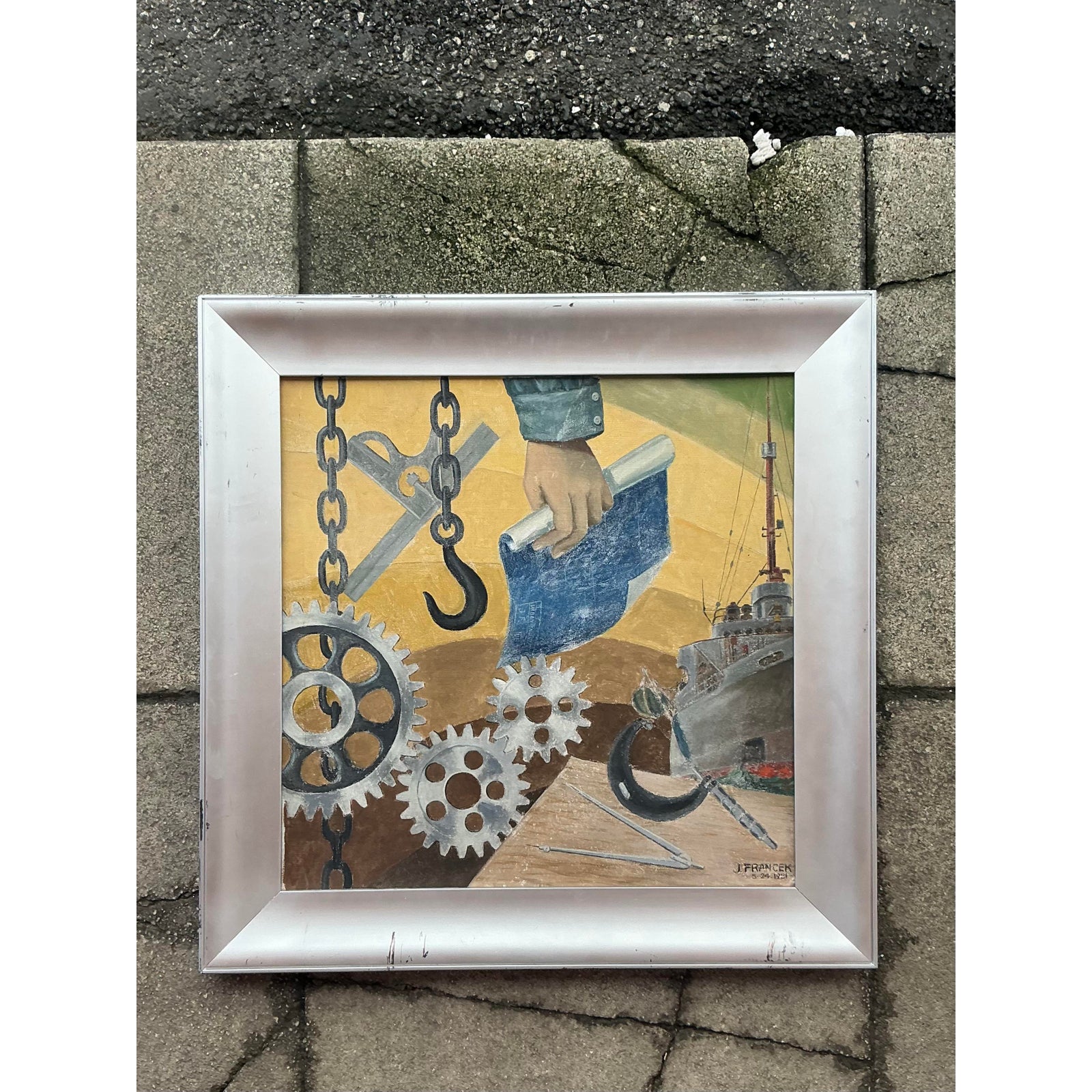 Mid 20th Century Vintage Boho Wpa Original Oil on Board - Top view