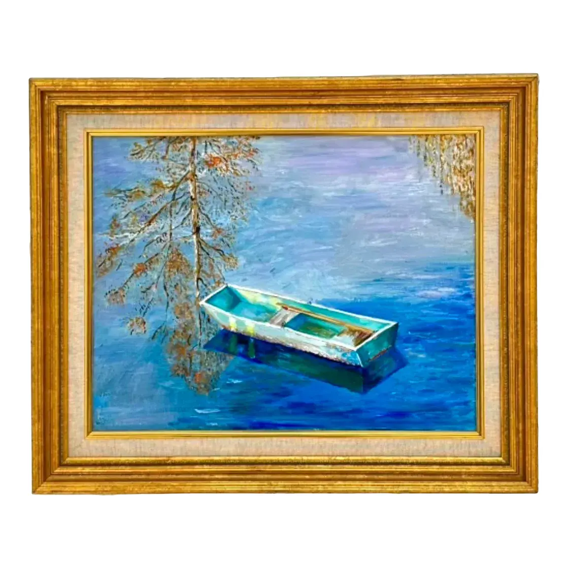 Mid 20th Century Vintage Coastal Original Oil Painting of Rowboat, Framed