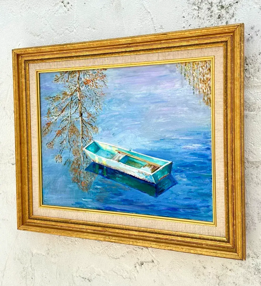 Mid 20th Century Vintage Coastal Original Oil Painting of Rowboat, Framed - Detail view