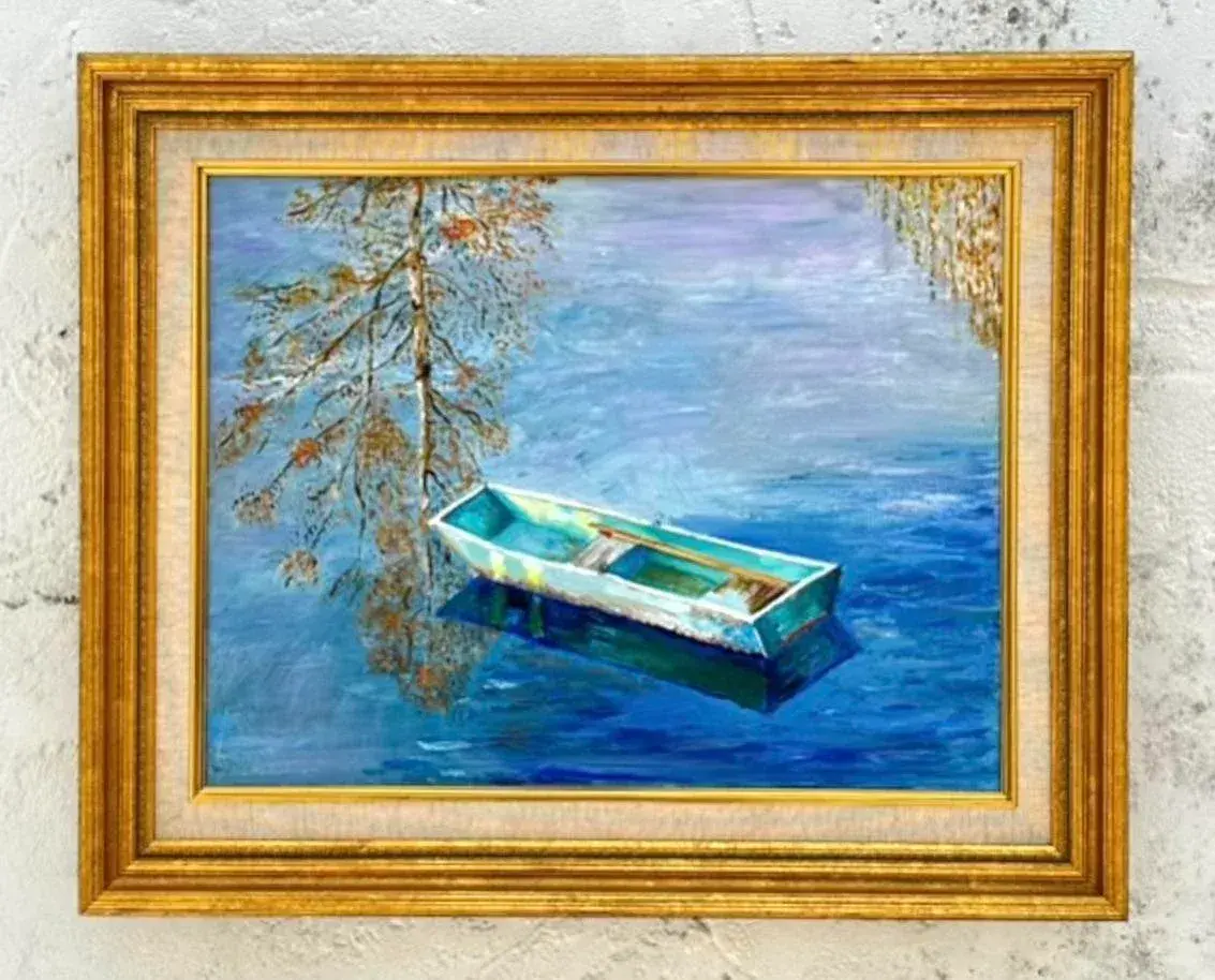 Mid 20th Century Vintage Coastal Original Oil Painting of Rowboat, Framed - Top view