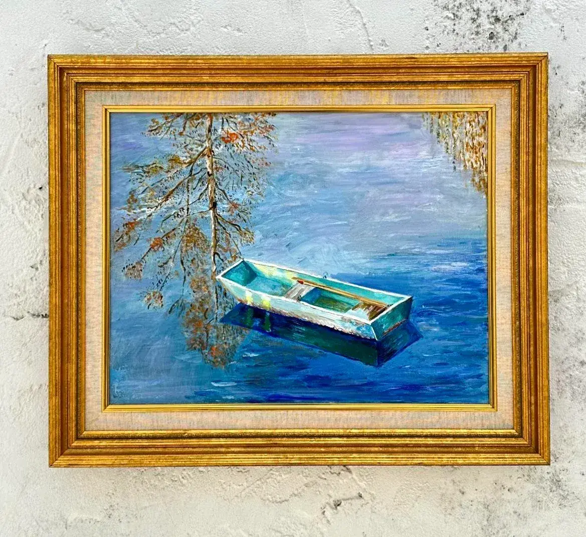 Mid 20th Century Vintage Coastal Original Oil Painting of Rowboat, Framed - Side view
