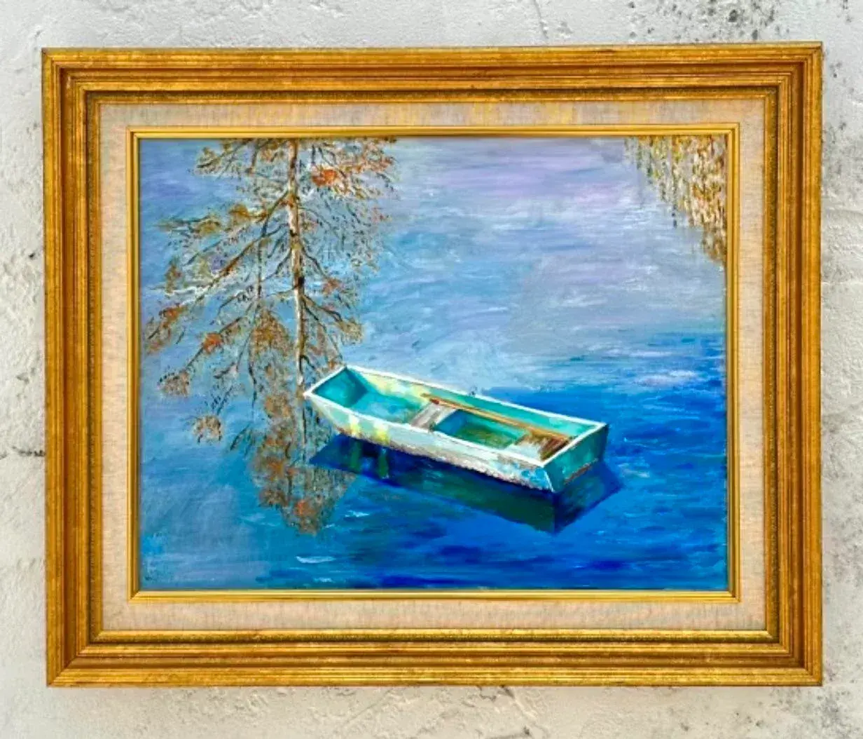 Mid 20th Century Vintage Coastal Original Oil Painting of Rowboat, Framed - Back view