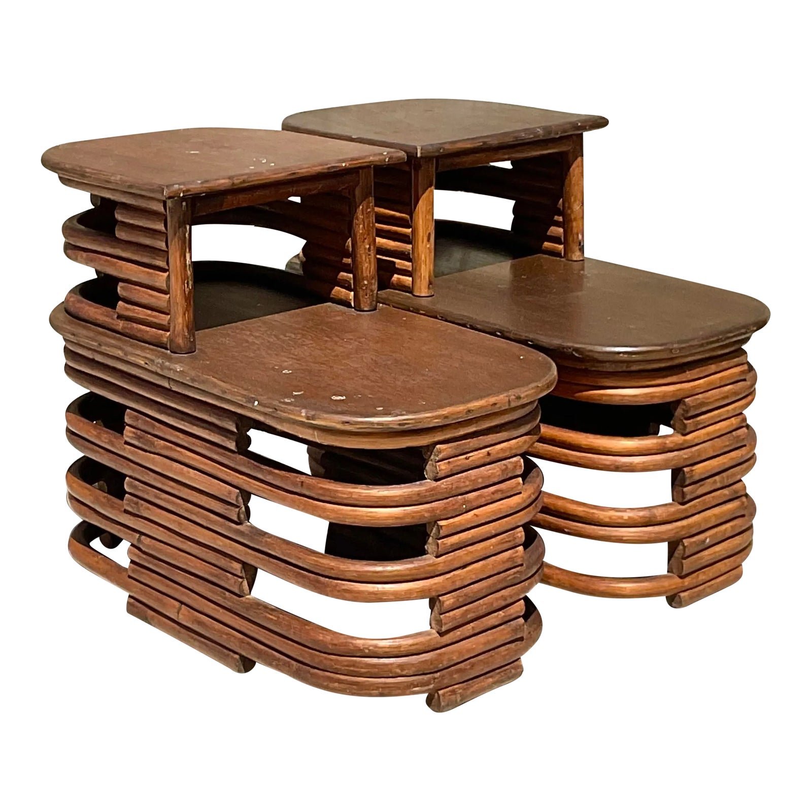 Mid 20th Century Vintage Coastal Paul Frankl Stacked Rattan Side Tables - a Pair