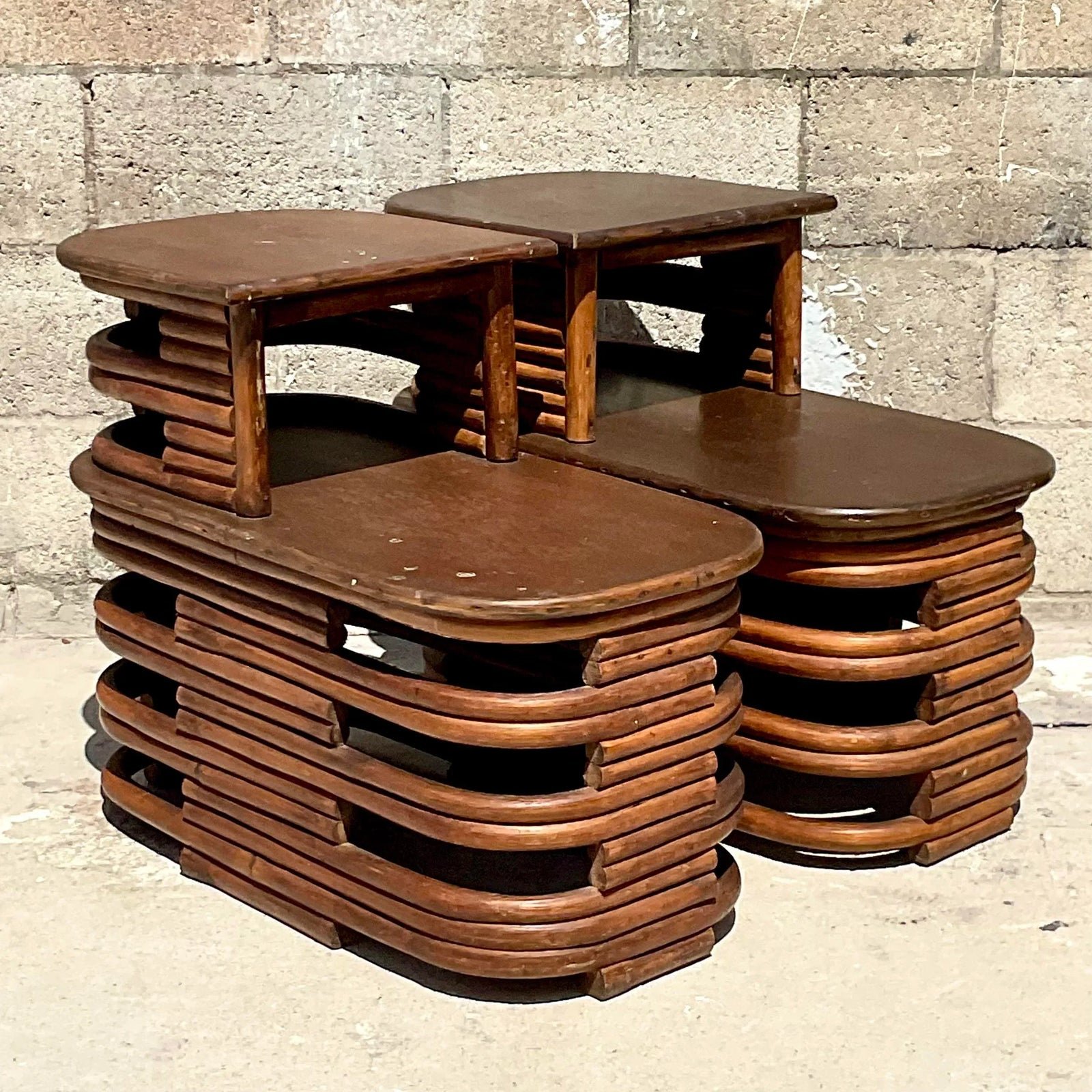 Mid 20th Century Vintage Coastal Paul Frankl Stacked Rattan Side Tables - a Pair - Side view