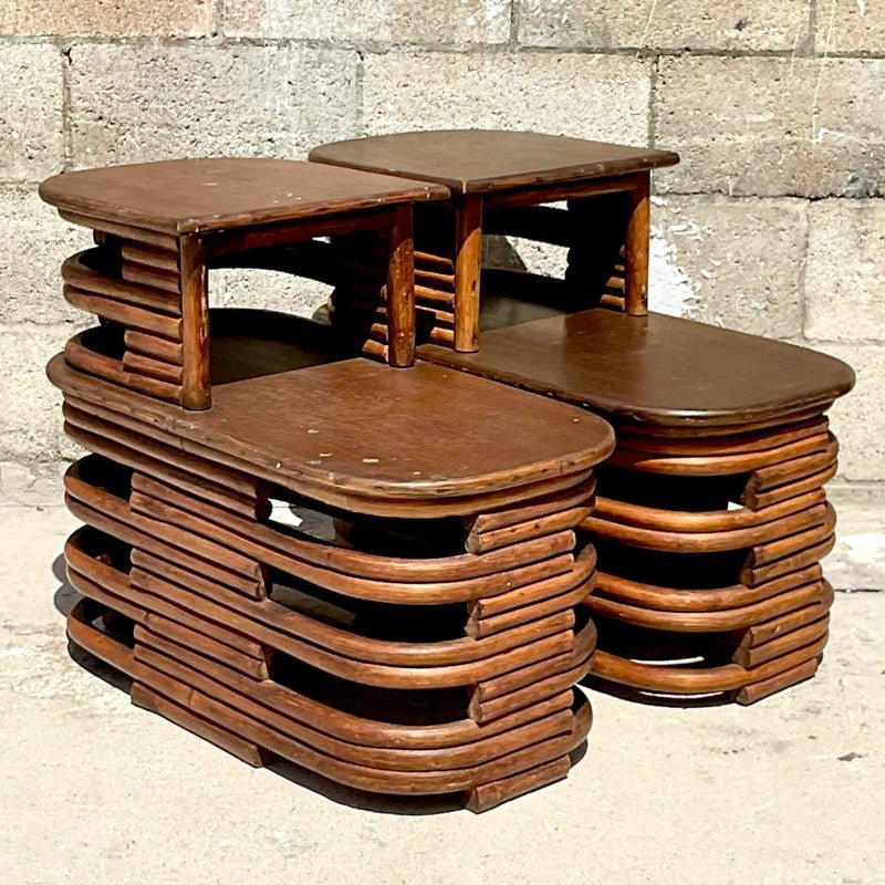 Mid 20th Century Vintage Coastal Paul Frankl Stacked Rattan Side Tables - a Pair - Detail view