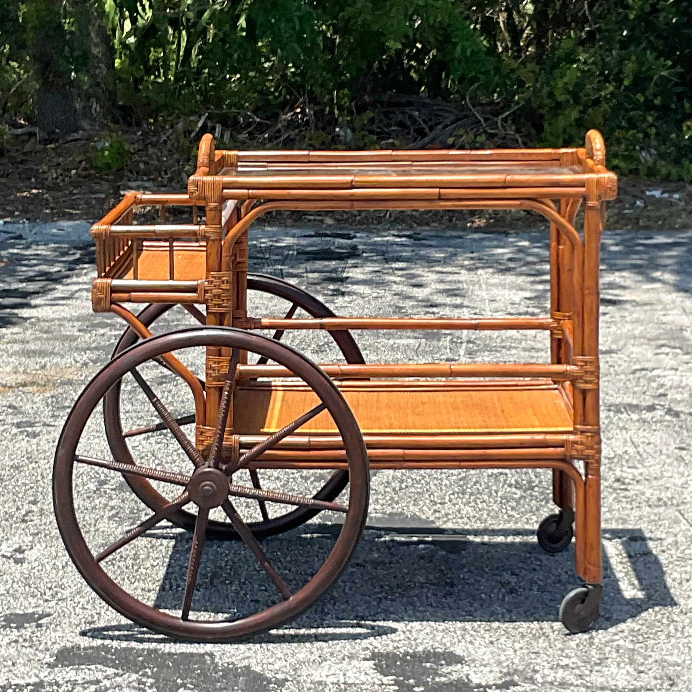Mid 20th Century Vintage Coastal Rattan Bar Cart - Side view