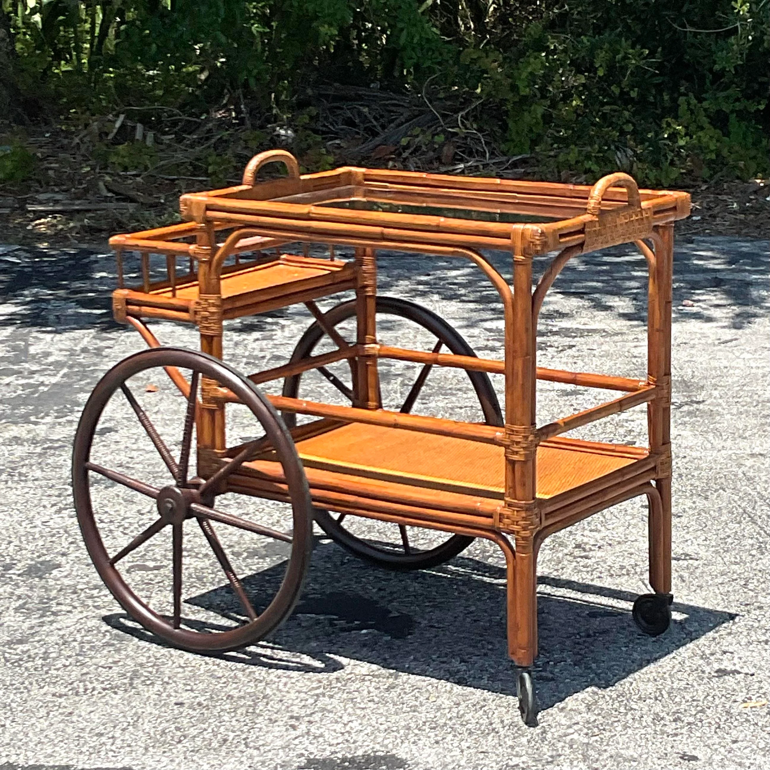 Mid 20th Century Vintage Coastal Rattan Bar Cart - Top view