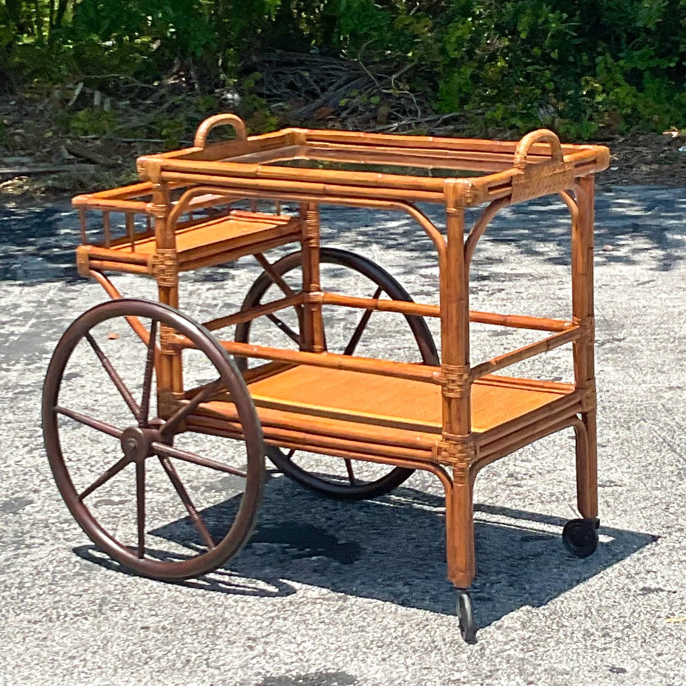 Mid 20th Century Vintage Coastal Rattan Bar Cart - Back view