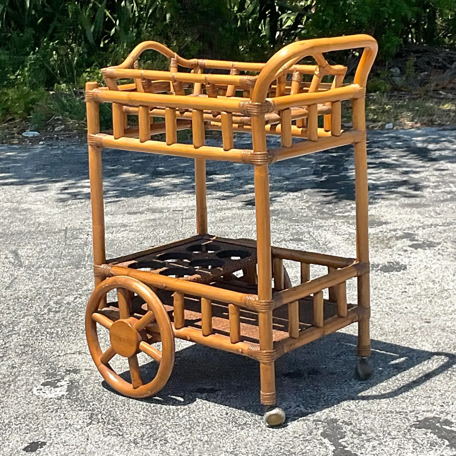 Mid 20th Century Vintage Coastal Rattan Bar Cart - Top view