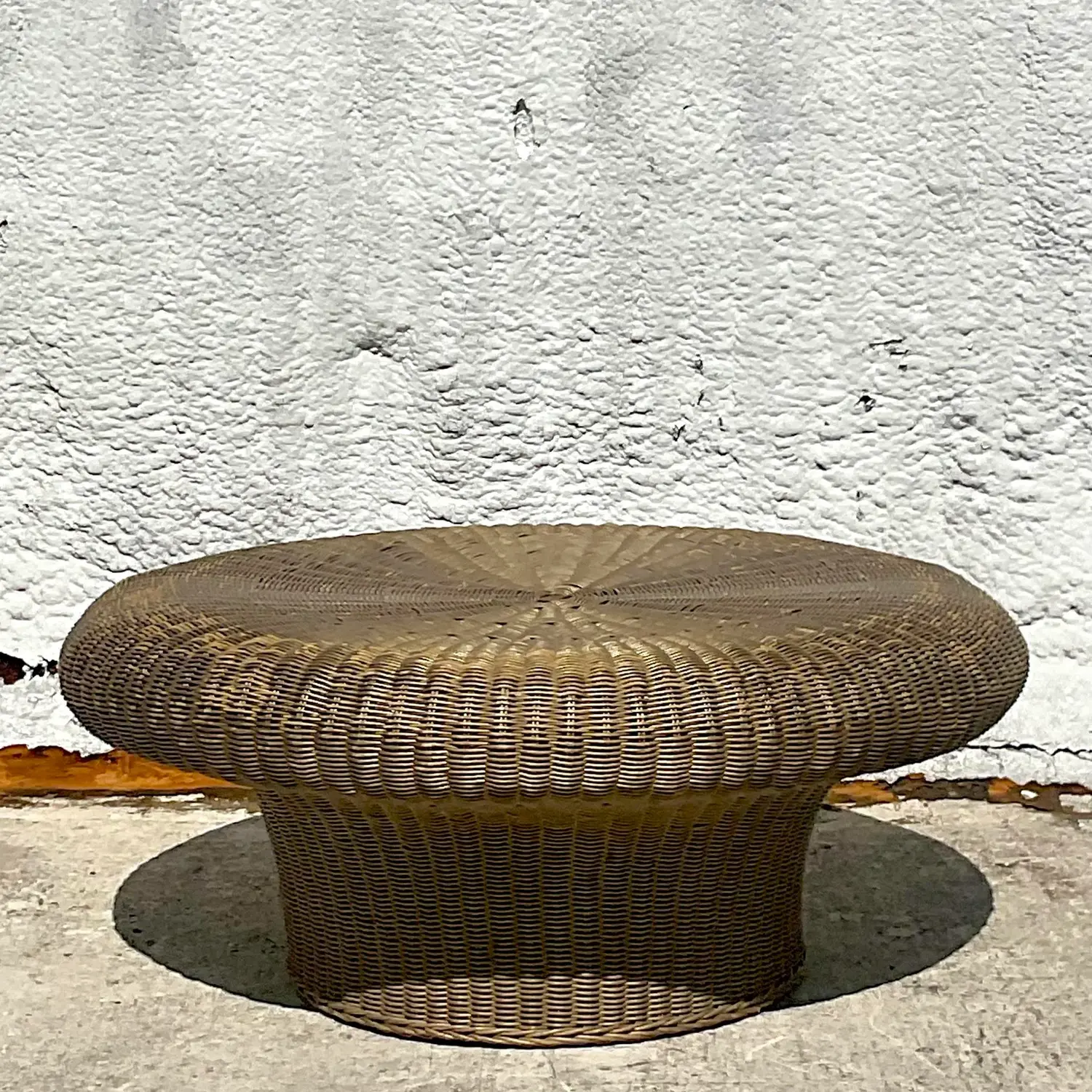 Mid 20th Century Vintage Coastal Woven Rattan Mushroom Coffee Table - Top view