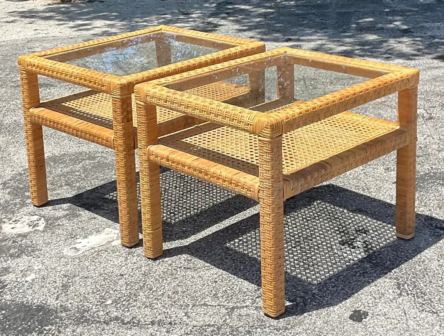 Mid 20th Century Vintage Coastal Woven Rattan Side Tables - Pair of 2 - Top view