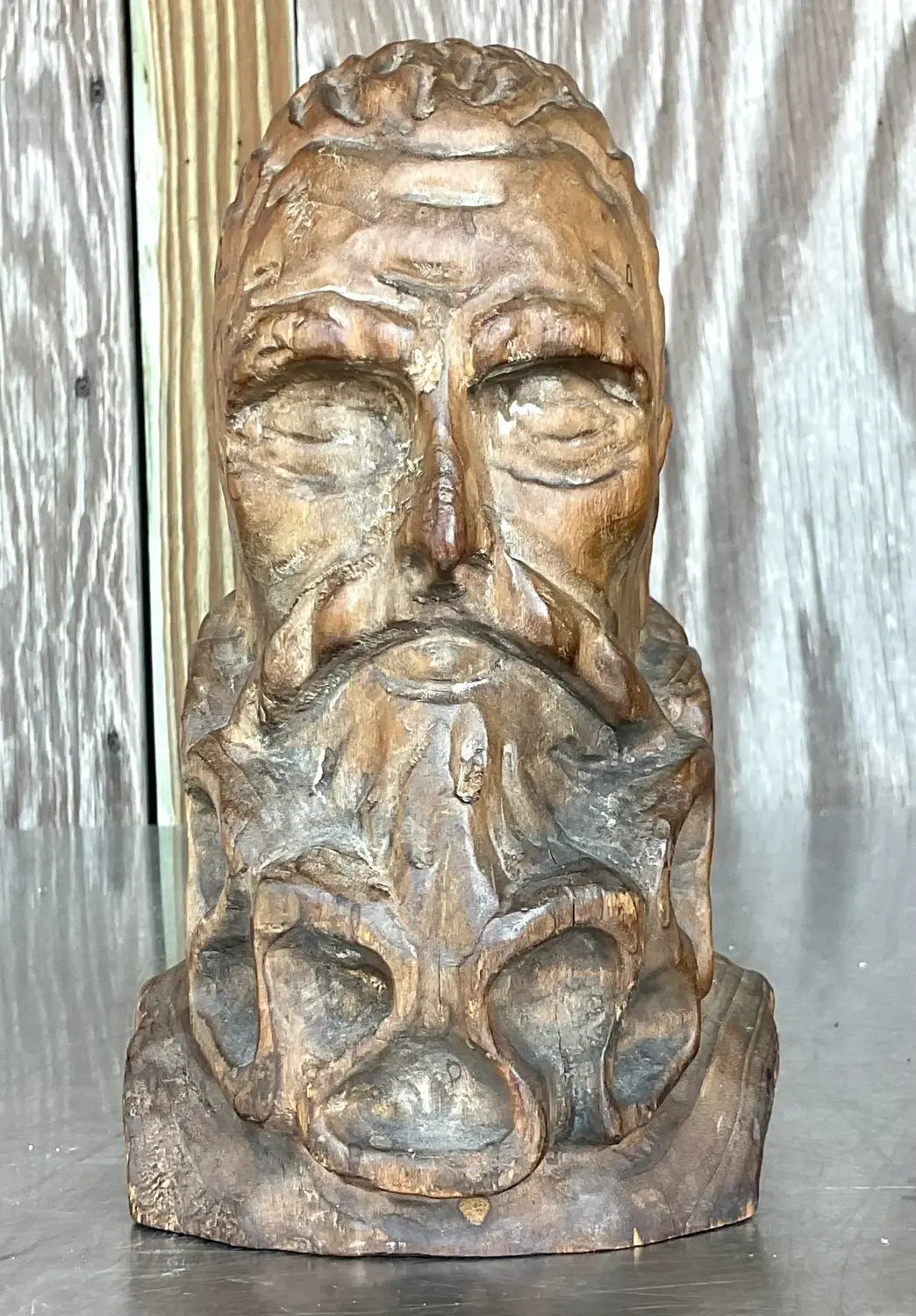 Mid 20th Century Vintage Hand Carved Bust of Man - Top view