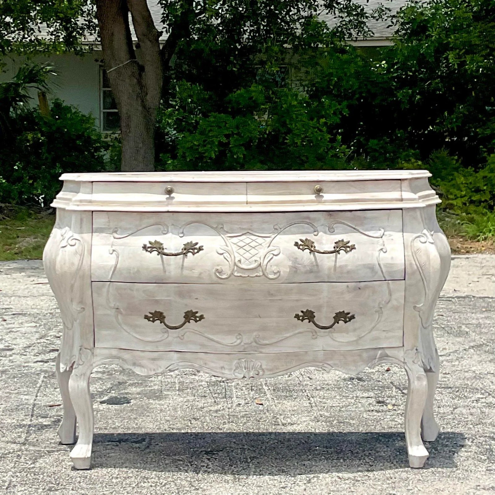 Mid 20th Century Vintage Regency Cerused Bombe Chest of Drawers - Top view