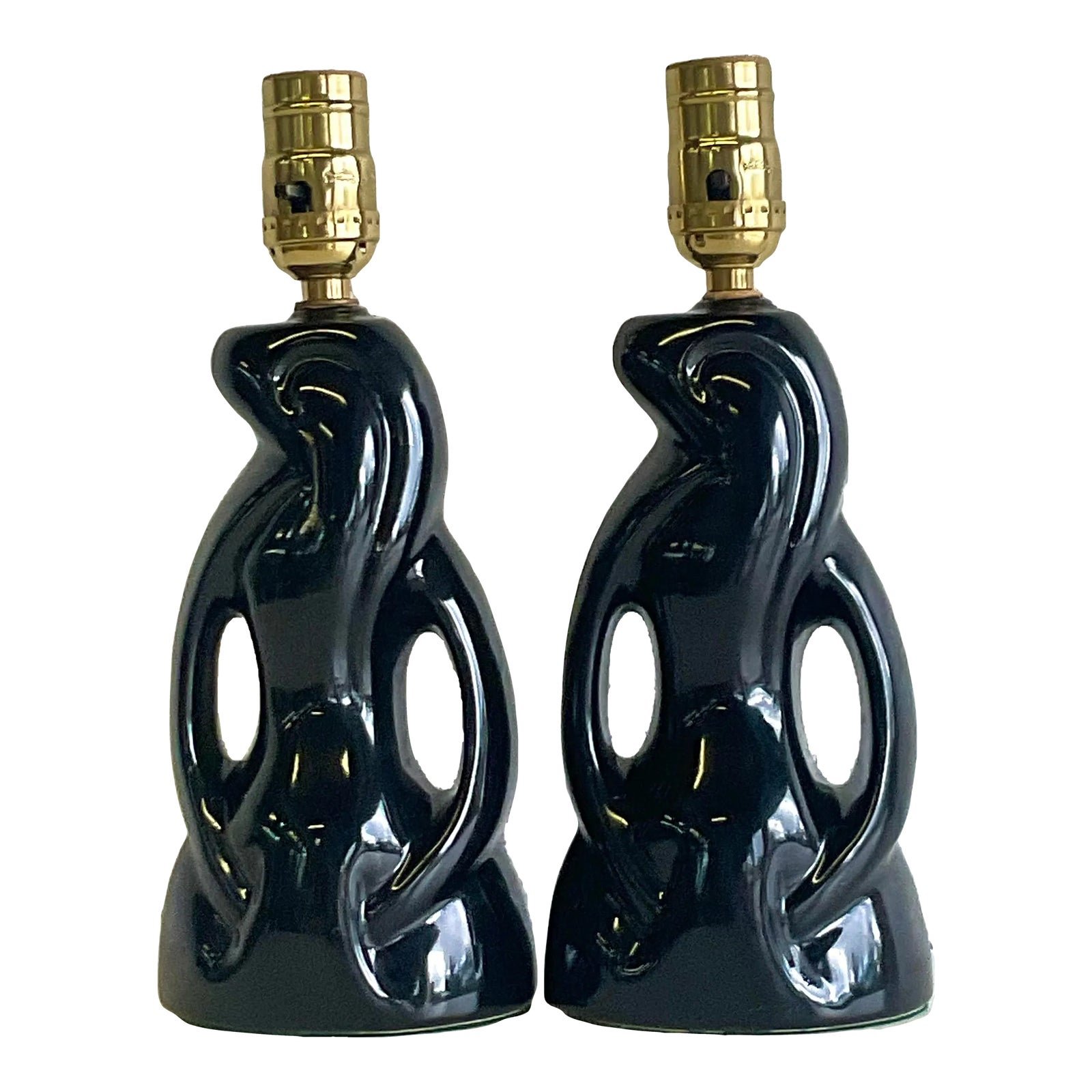 Midcentury Abstract Black Glazed Ceramic Boudoir Lamps - a Pair