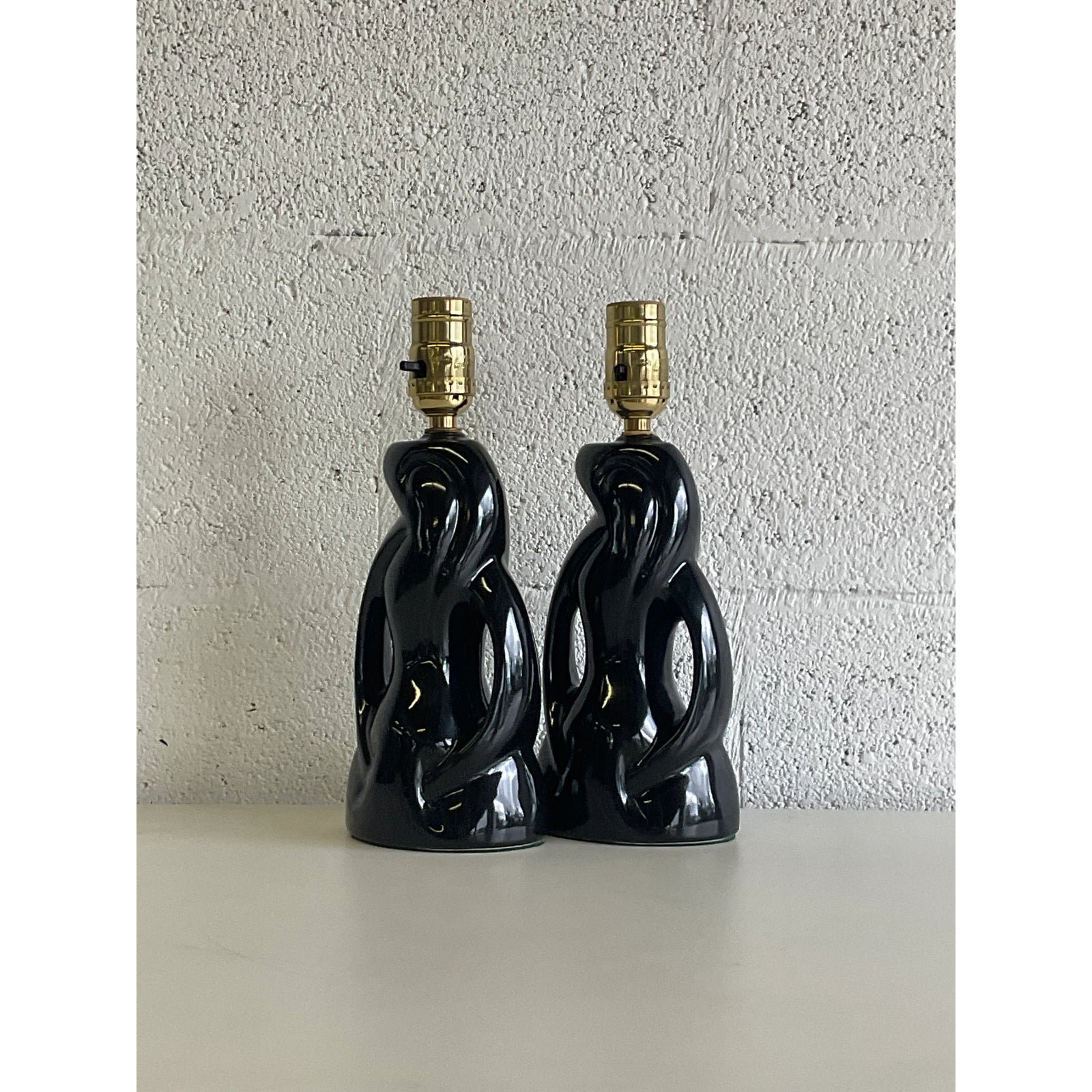 Midcentury Abstract Black Glazed Ceramic Boudoir Lamps - a Pair - Top view