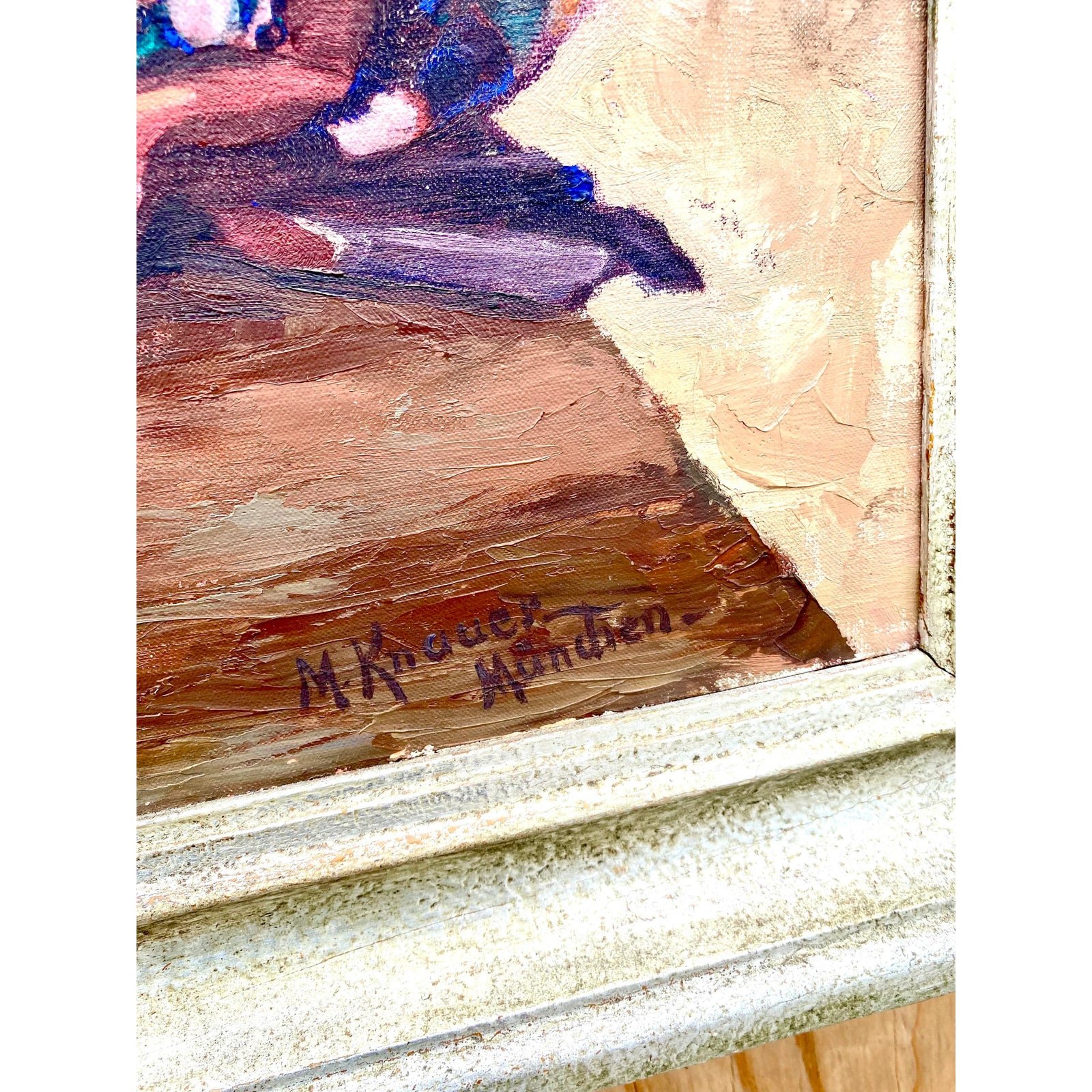 Midcentury Original Floral Oil Painting Signed - Side view