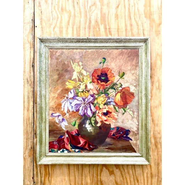 Midcentury Original Floral Oil Painting Signed - Detail view