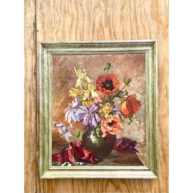 Midcentury Original Floral Oil Painting Signed - Side view