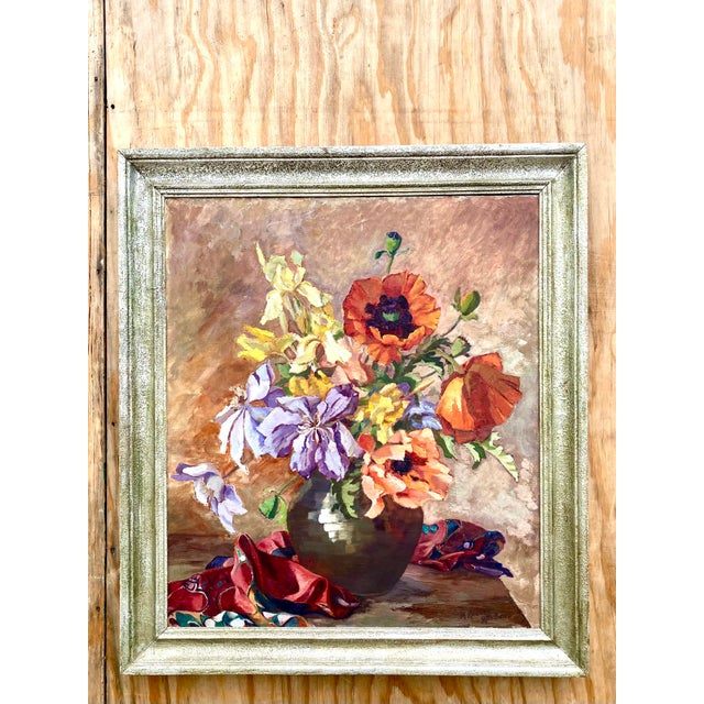 Midcentury Original Floral Oil Painting Signed - Back view
