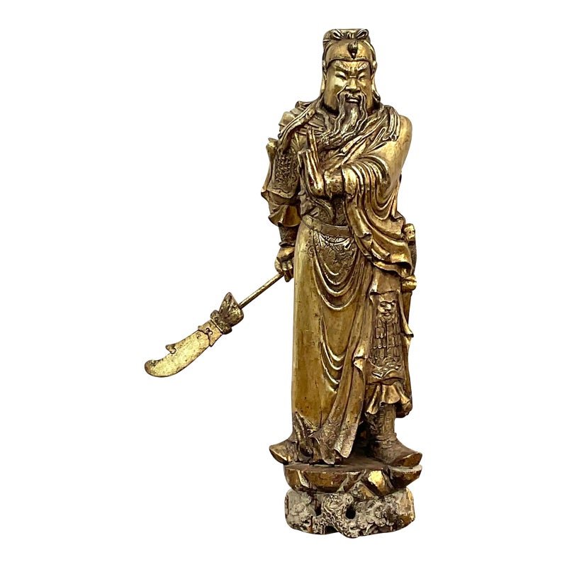 Monumental Vintage Asian Hand Carved Golden Warrior