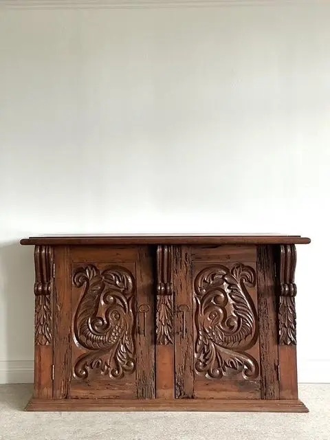 Vintage Spanish Carved Pecky Cypress Cabinet