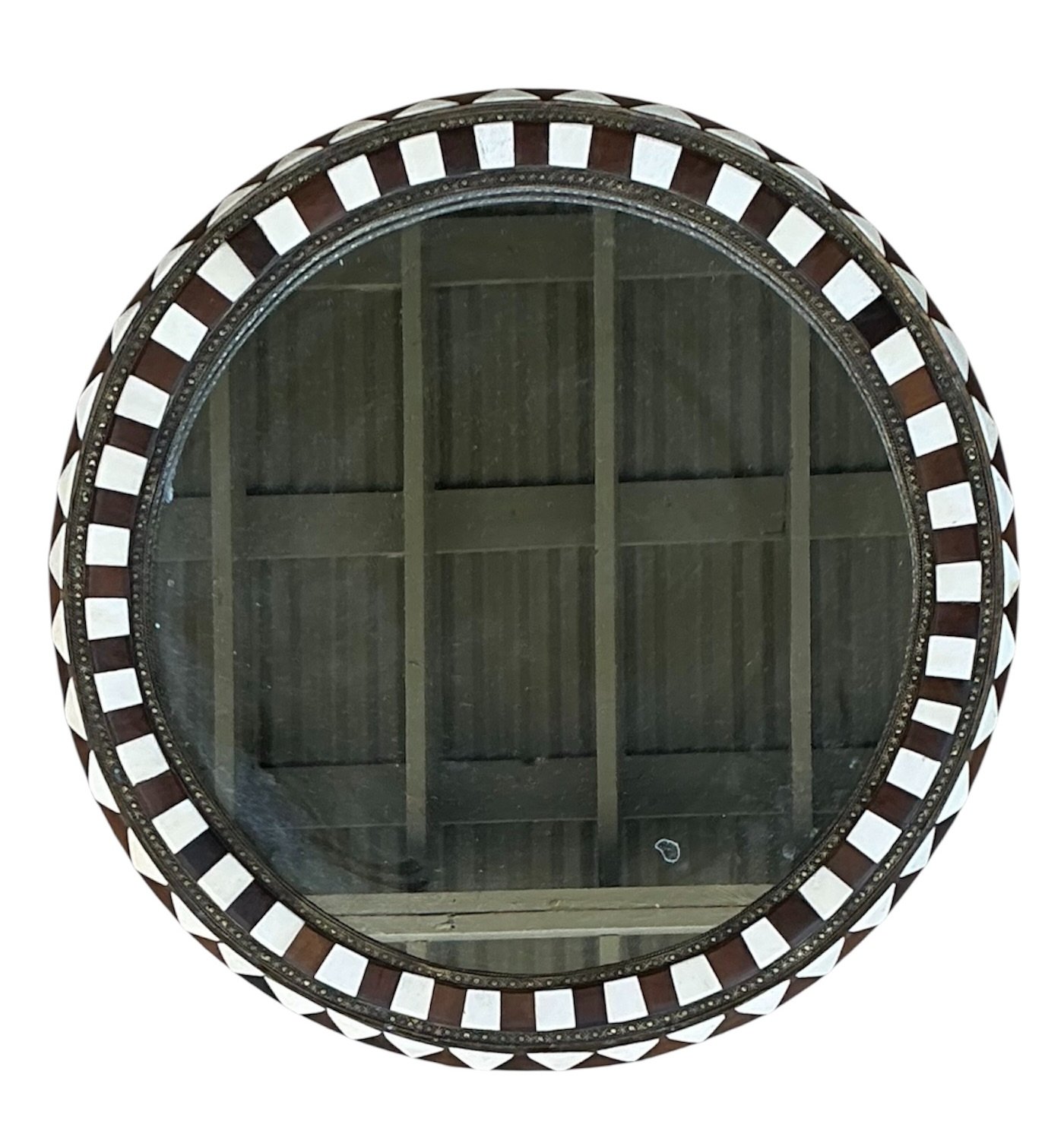 Vintage Moroccan Round Inlaid Wood Wall Mirror