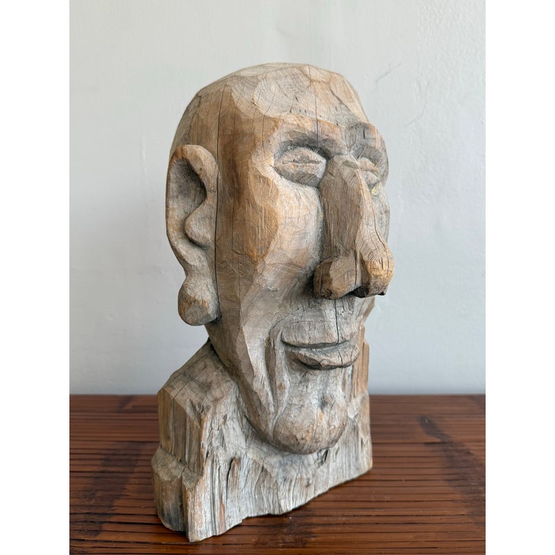 Primitive Boho Hand-Carved Wood Bust - Top view