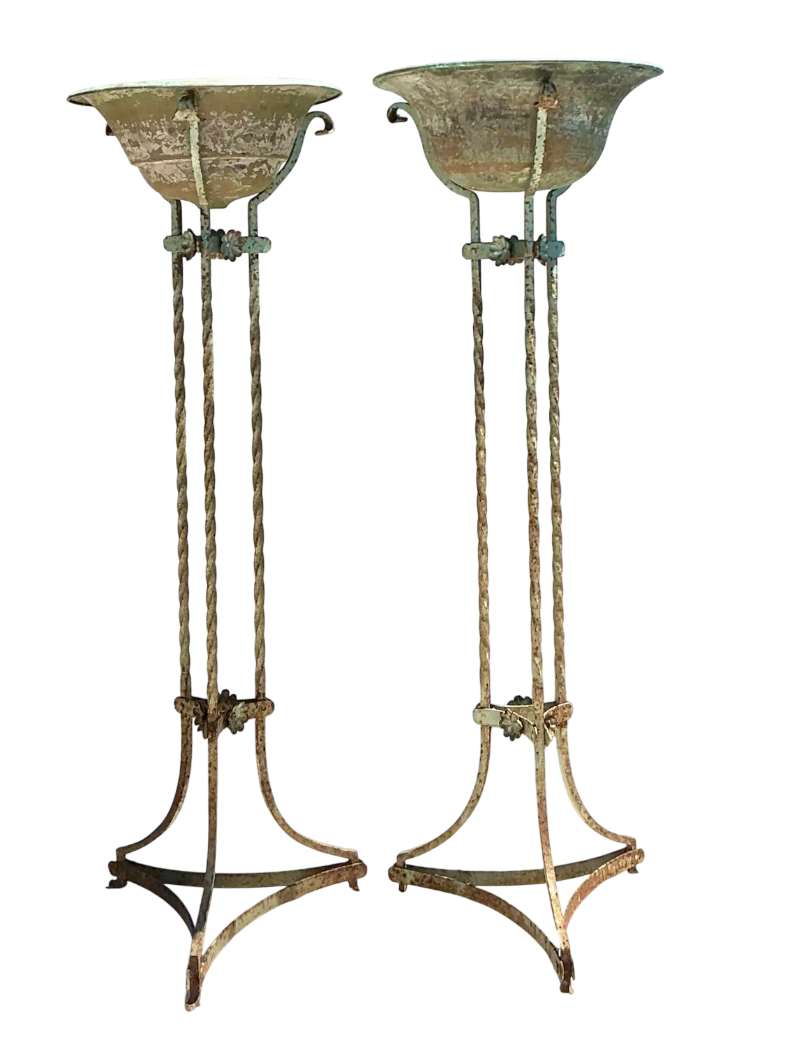 Vintage Patinated Twisted Wrought Iron and Copper Plant Stands