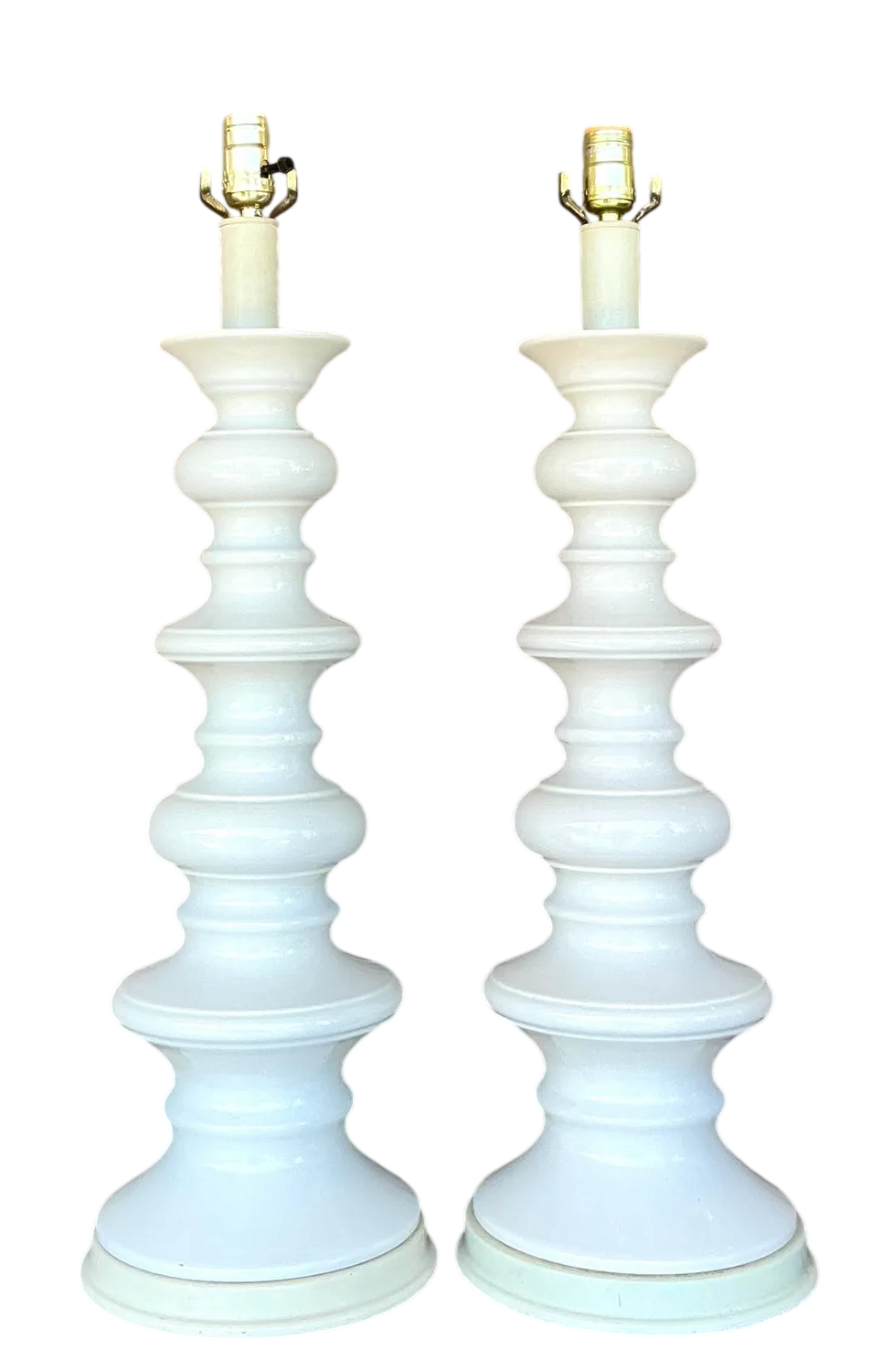 Vintage Boho Glazed Ceramic Spool Lamps - a Pair