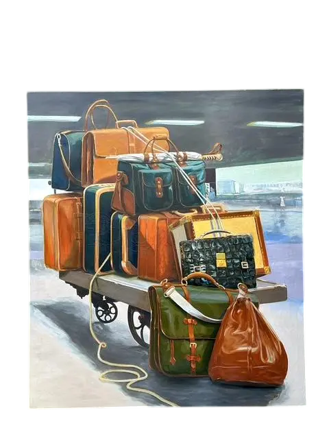 Vintage Monumental Original Still Life of Stacked Luggage