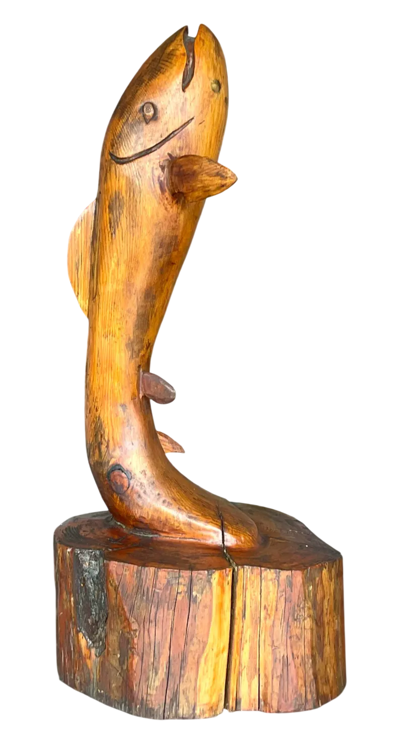 Vintage Primitive Hand Carved Wooden Fish Sculpture