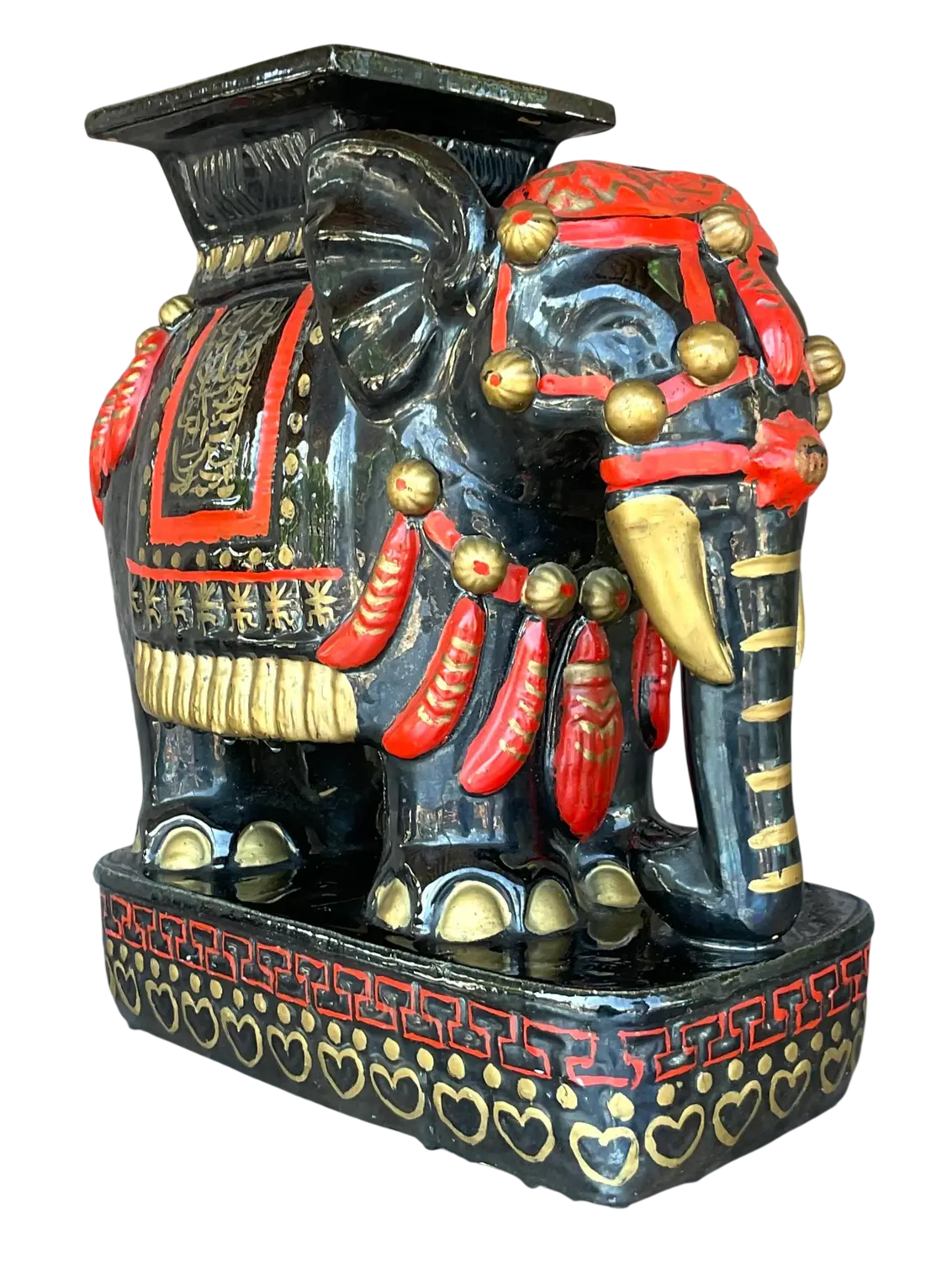 Vintage Boho Glazed Ceramic Elephant Low Stool