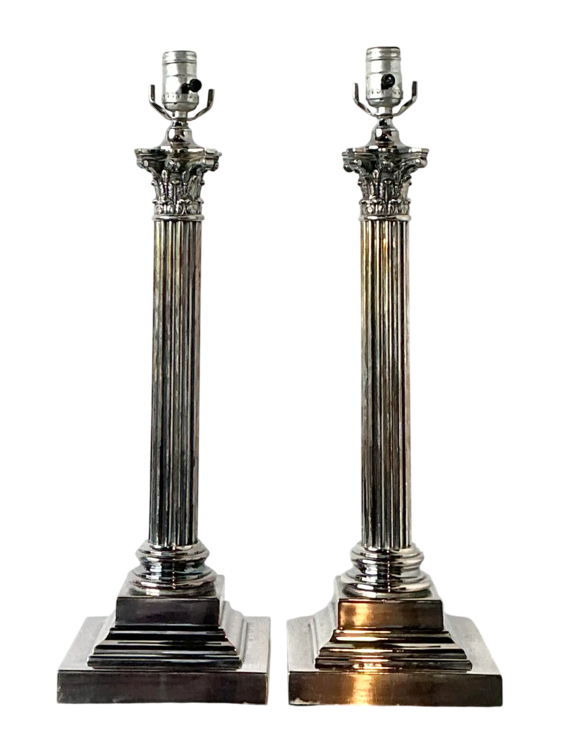 Vintage Stamped English Silver Corinthian Column Candlestick Lamps - A Pair