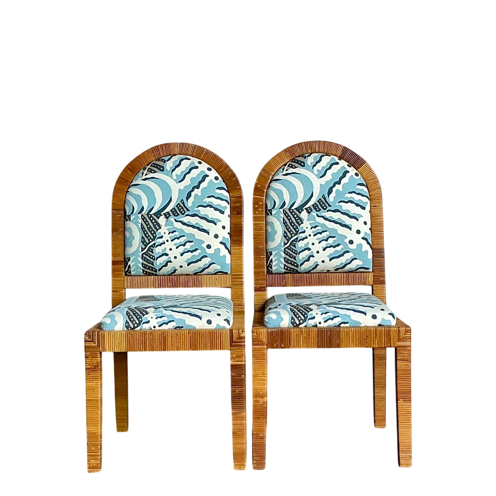 Vintage Boho Bielecky Brothers Wrapped Rattan Dining Chairs in Alan Campbell “Ferns” - A Pair - Detail view