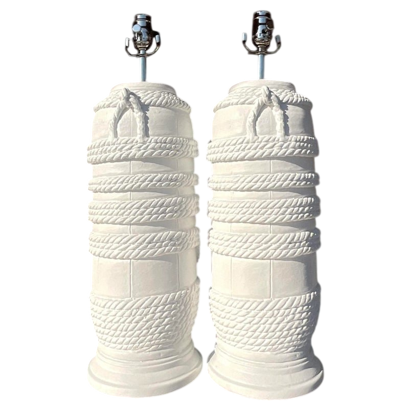 Vintage Coastal Plaster Wrapped Rope Table Lamps - a Pair