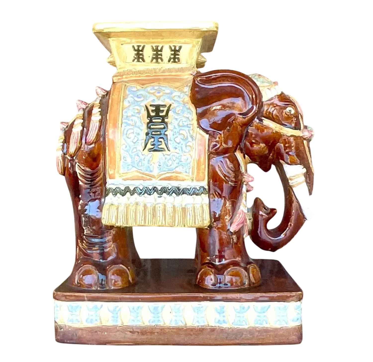 Vintage Boho Glazed Ceramic Elephant Stool - Detail view