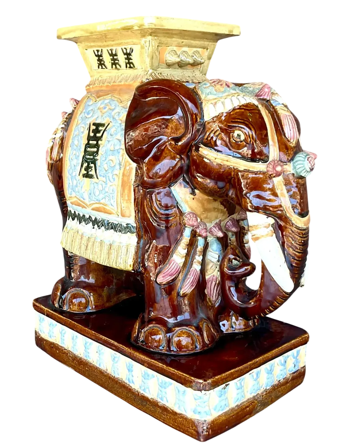Vintage Boho Glazed Ceramic Elephant Stool