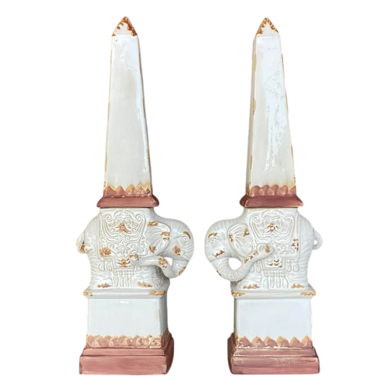 Vintage Boho Glazed Terra Cotta Elephant Obelisks - a Pair